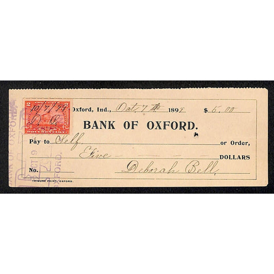 Bank of Oxford 1899 Indiana Bank Check Deborah Bell w/ Tax Stamp