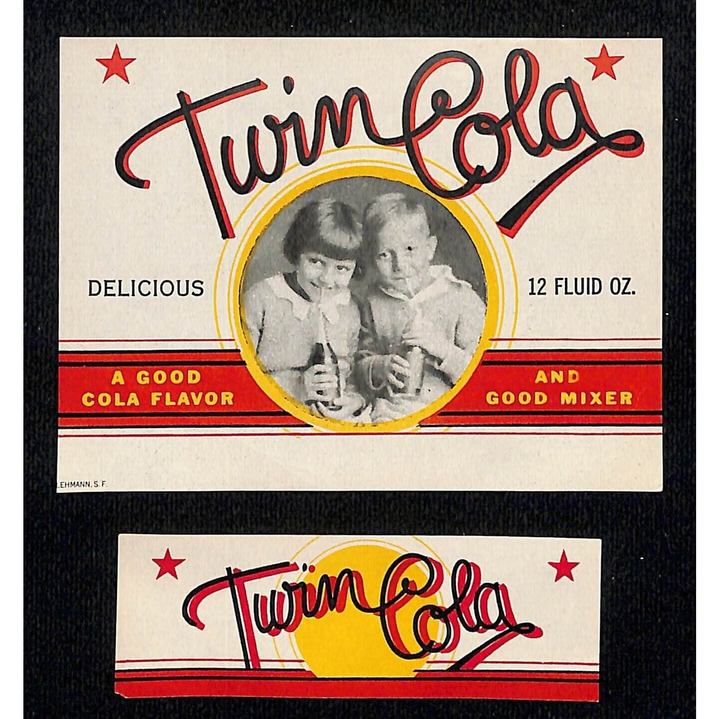 Twin Cola Real Photo Smiling Kids Soda Bottle Label Set c1940's