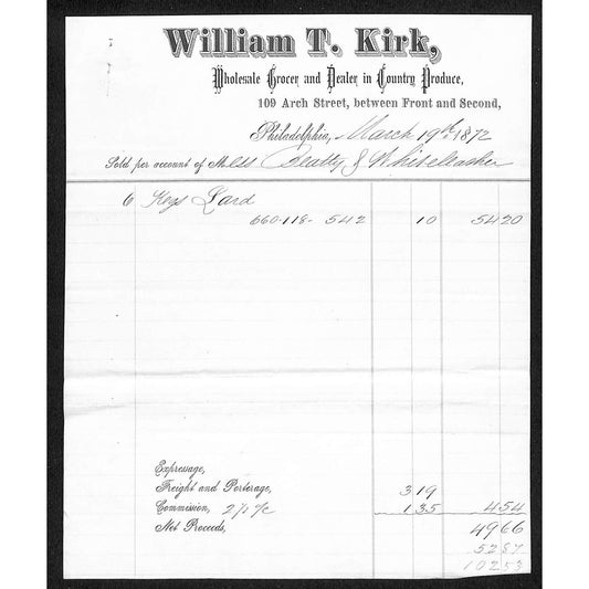 William T Kirk Grocer Phila 1872 Billhead Whiteleather* N. Georgetown, OH Scarce