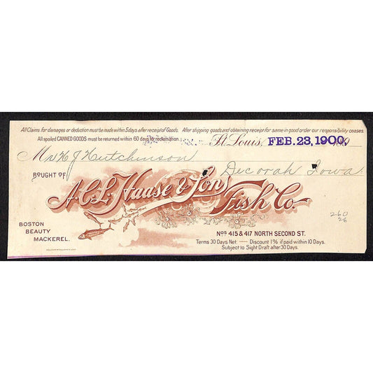 A.C.L. Hasse & Sons Fish Co. St. Louis Hutchinson Decorah IA** Cut 1900 Billhead