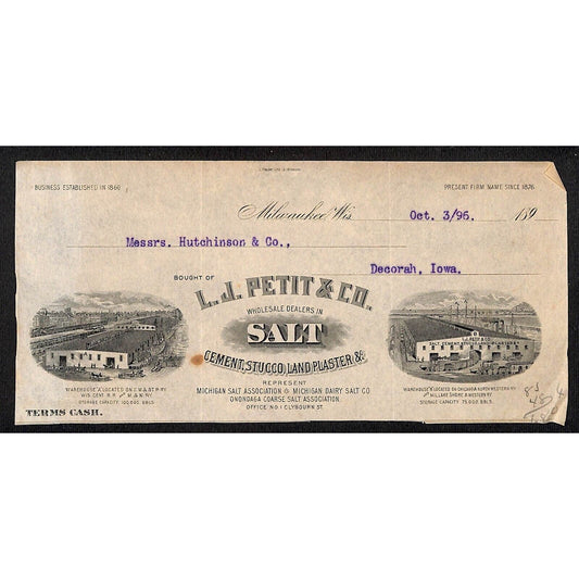 L.J. Petit & Co. Salt Cement Milwaukee Hutchinson* 1896 Cut Billhead - Scarce