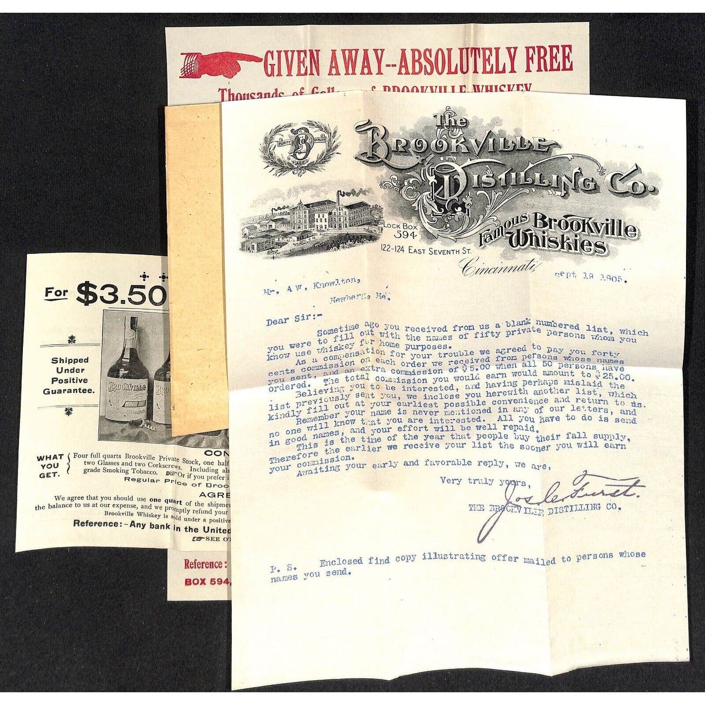 Cincinnati 1905 Brookville Distilling Letterhead & Product Sheets Knowlton*