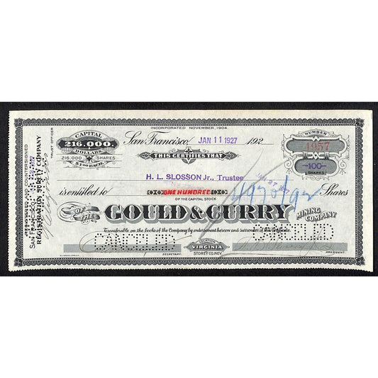 Gould & Curry Mining Company San Francisco 1927 Stock Certificate #4957 VGC