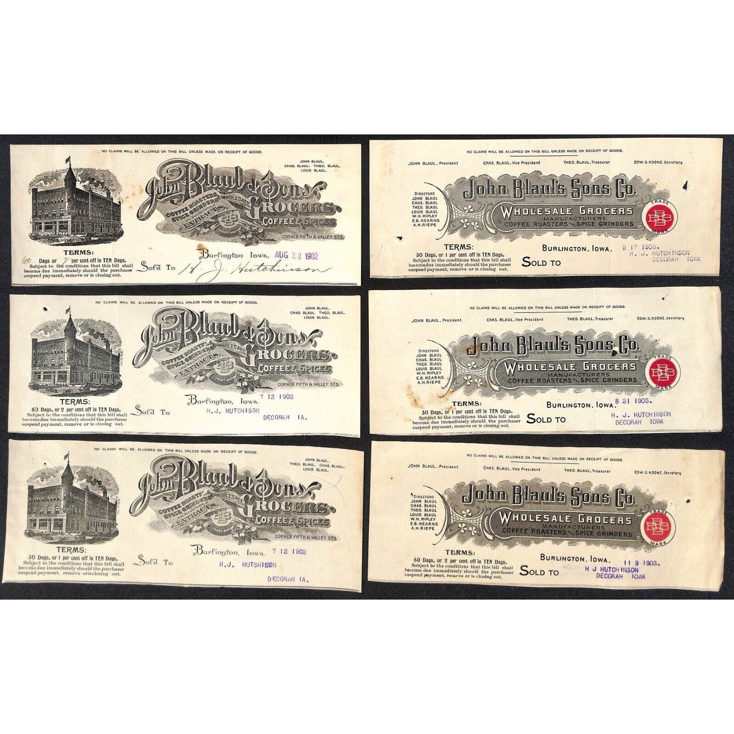 John Blaul Coffee Spices Burlington, IA Hutchinson* 6pc 1902-03 Cut Billheads