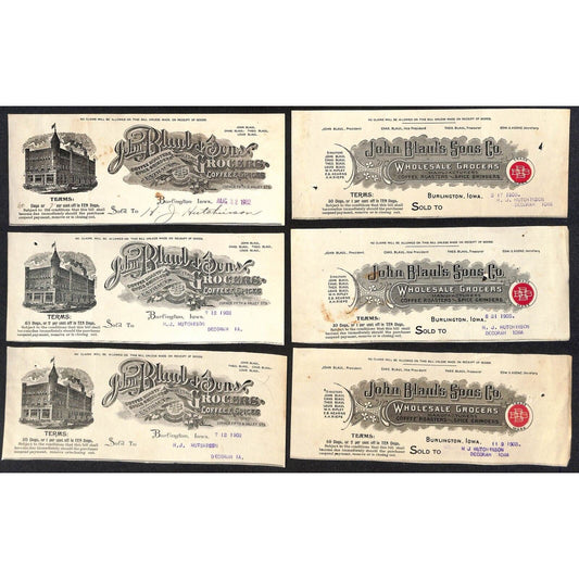 John Blaul Coffee Spices Burlington, IA Hutchinson* 6pc 1902-03 Cut Billheads