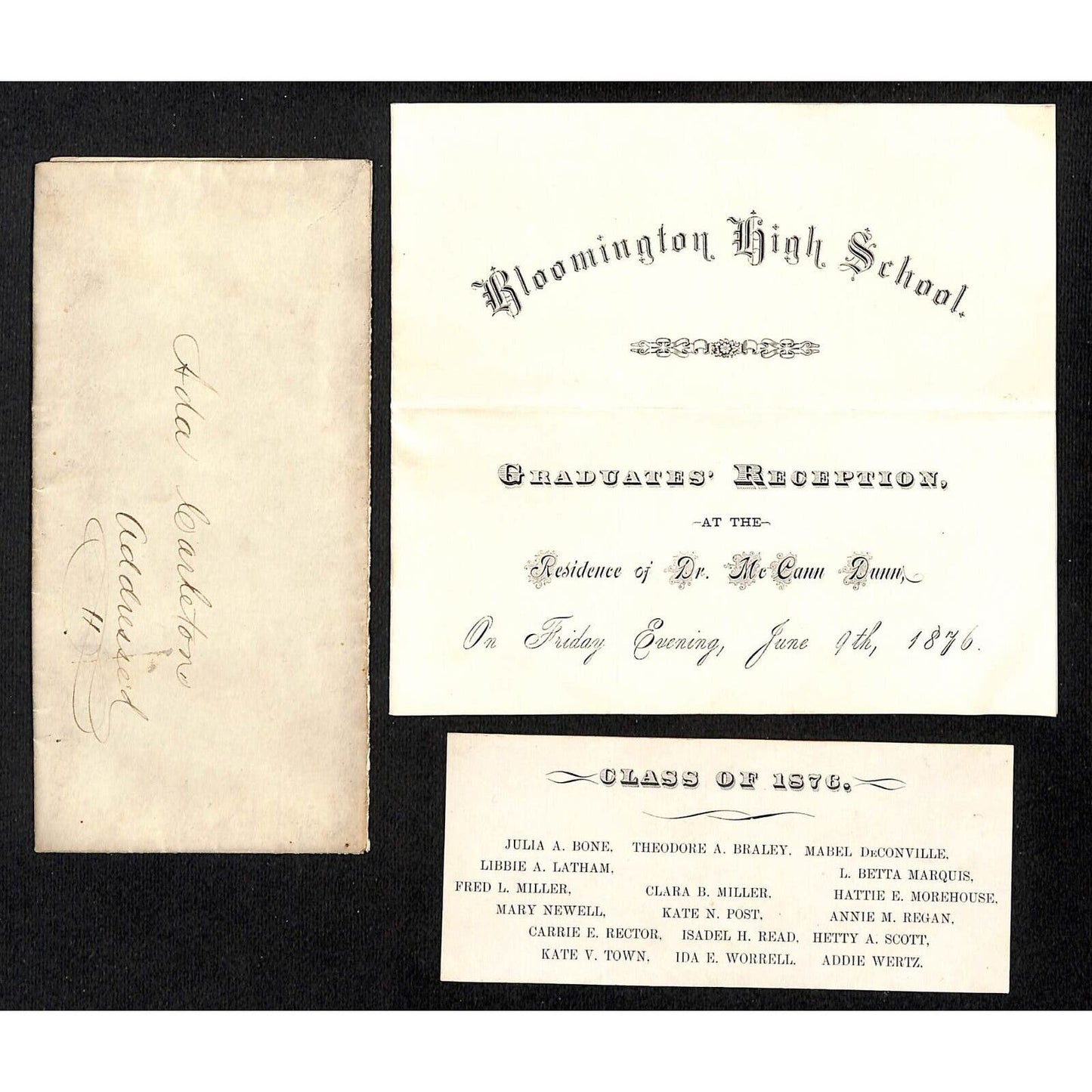 Bloomington IL High School 1876 Graduates' Reception Invitation w/ Cover