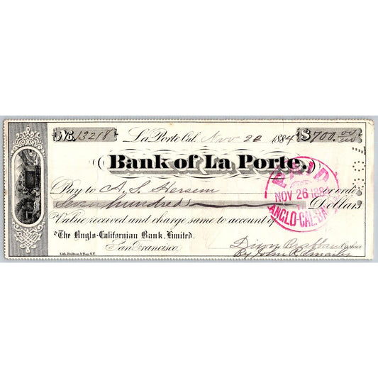 Bank of La Porte Check A.S. Hersem (Saloon Stable ?) 1884 Mining Vignette #13218