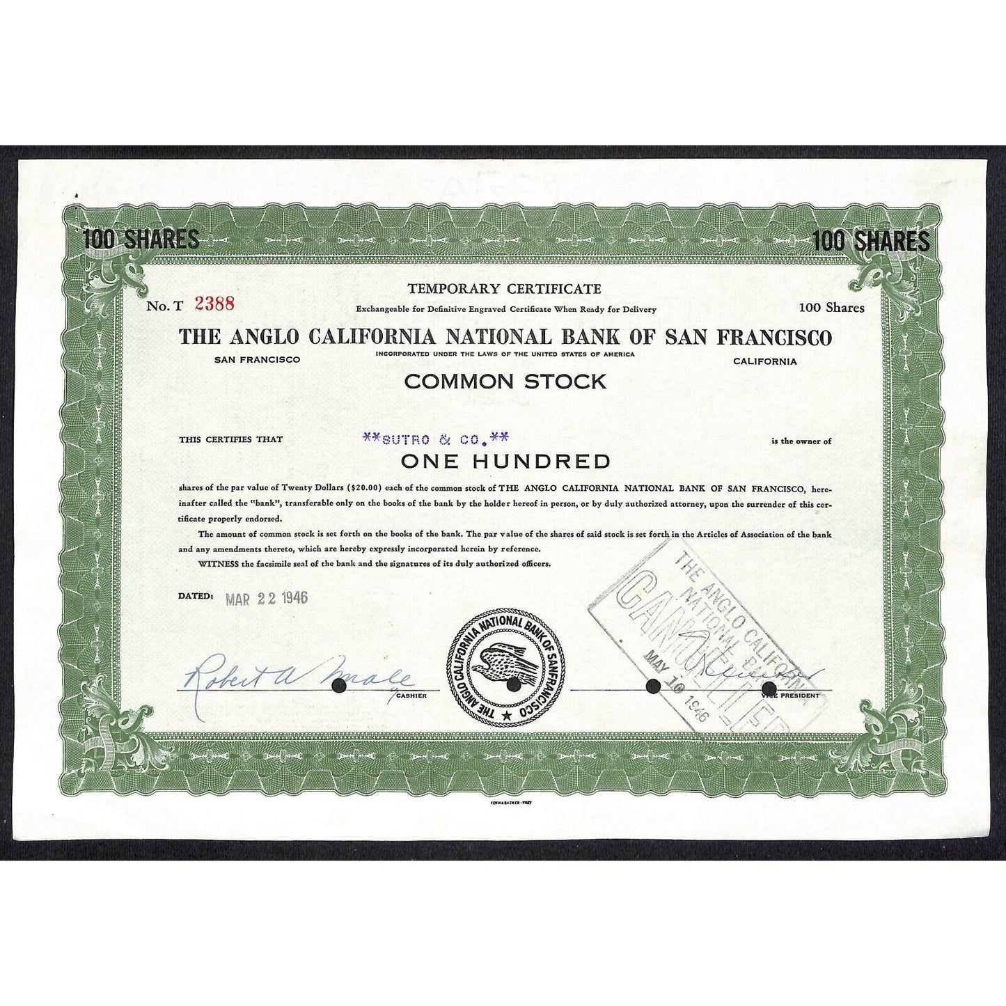 Angelo California National Bank San Francisco 1946 Temp. Stock Certificate #2388