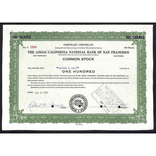 Angelo California National Bank San Francisco 1946 Temp. Stock Certificate #2388