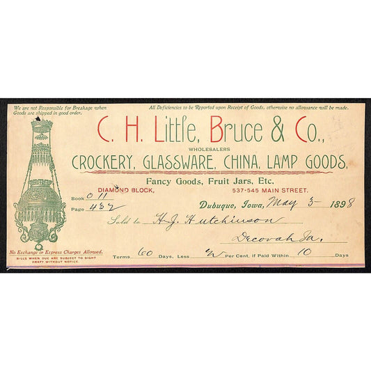 C.H. Little, Becker Co. Crockery China Hutchinson Decorah, IA* Cut 1898 Billhead