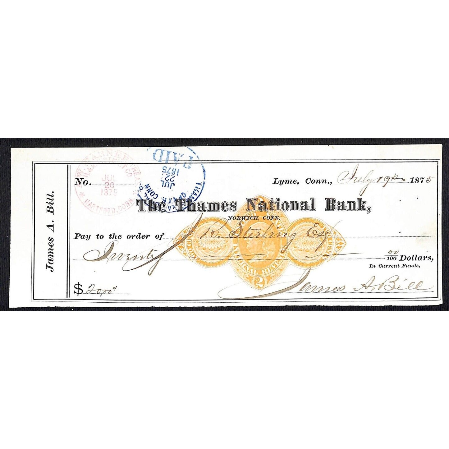 James A. Bill* 1875 Thames National Bank Lyme CT on Rev Stamp Check Stock (#27)