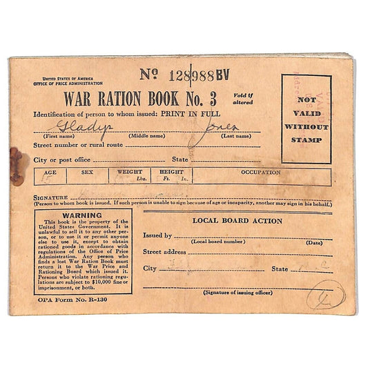 War Ration Book No. 3 WWII w/ Some Stamps No. 128988BV