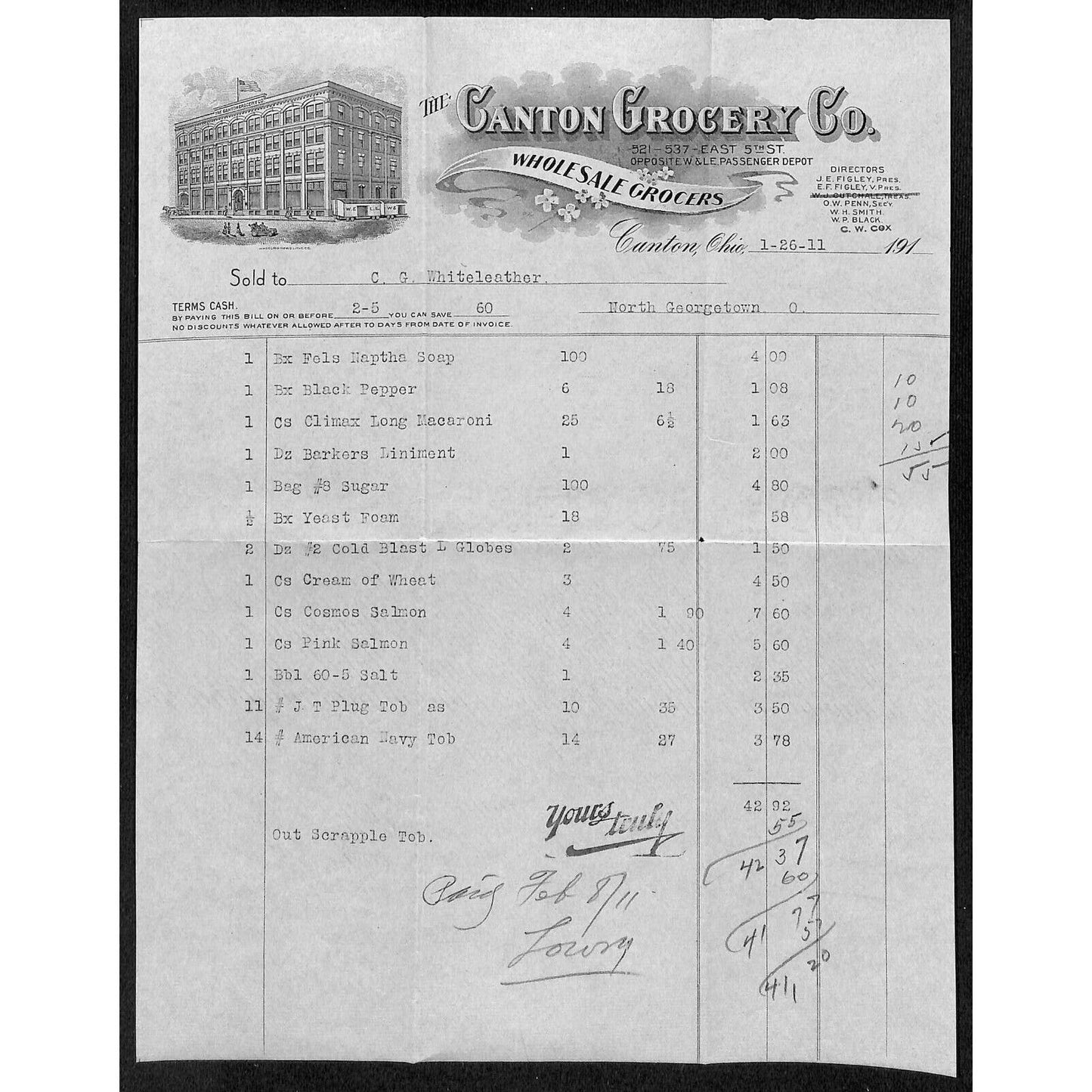 The Canton Grocery Co. 1911 Billhead Whiteleather* N. Georgetown OH