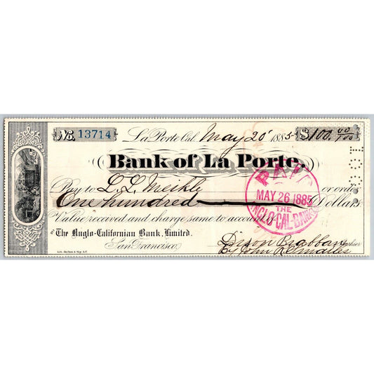 Bank of La Porte Check L.L. Meikle ? 1885 Mining Vignette #13714