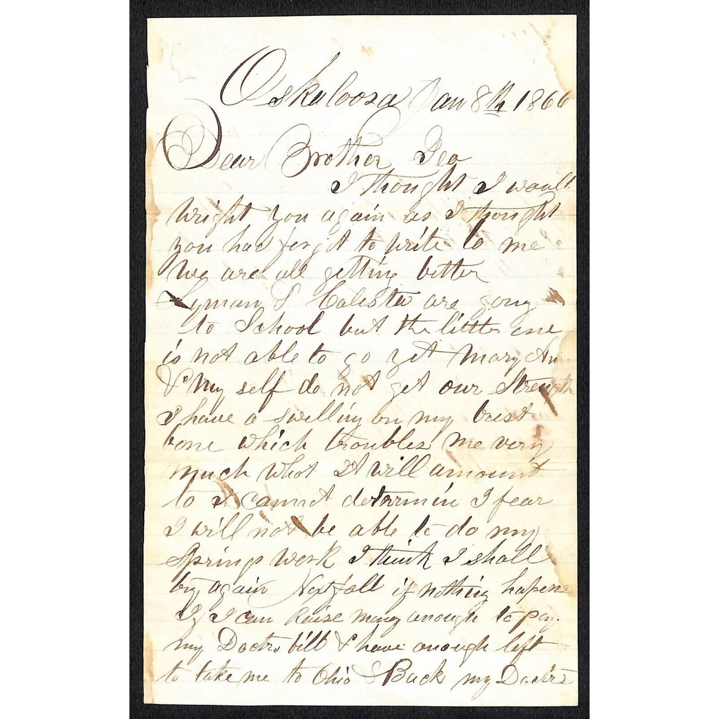1866 Oskaloosa (State?) ALS re: Health Issues & Raising $ for Doctor