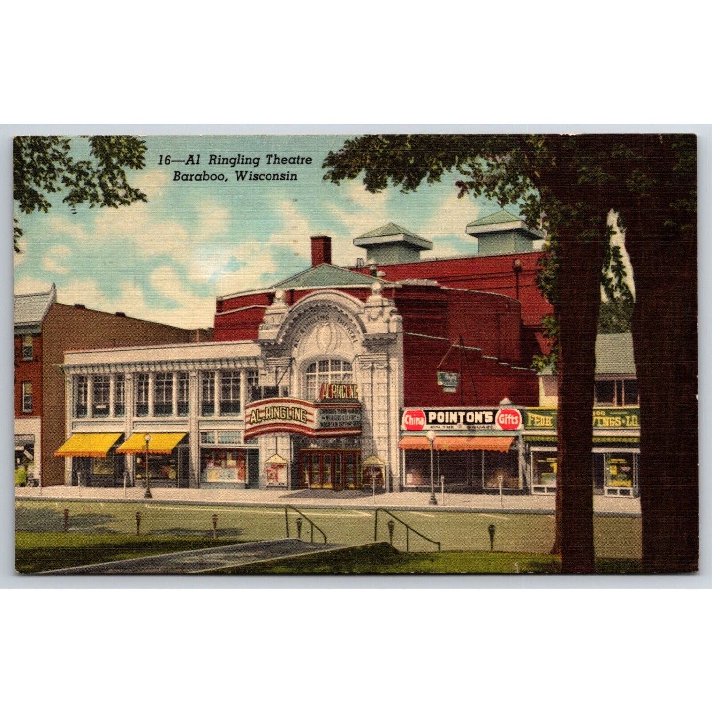 Al Ringling Theatre Exterior Marquee Baraboo, WI Linen Postcard PM 1958 VGC