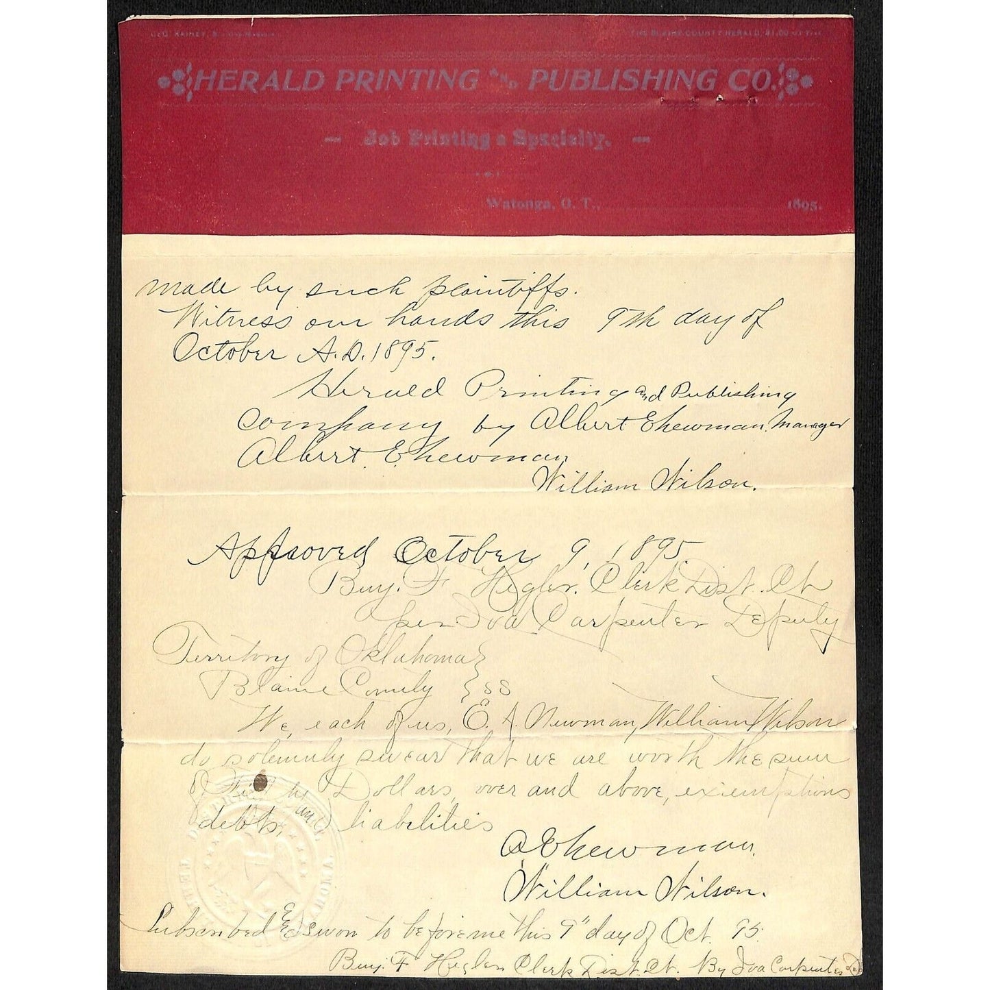 1895 Herald Printing and Publishing Watonga, OK Territorial Letterhead
