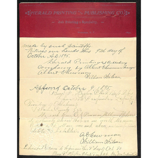 1895 Herald Printing and Publishing Watonga, OK Territorial Letterhead