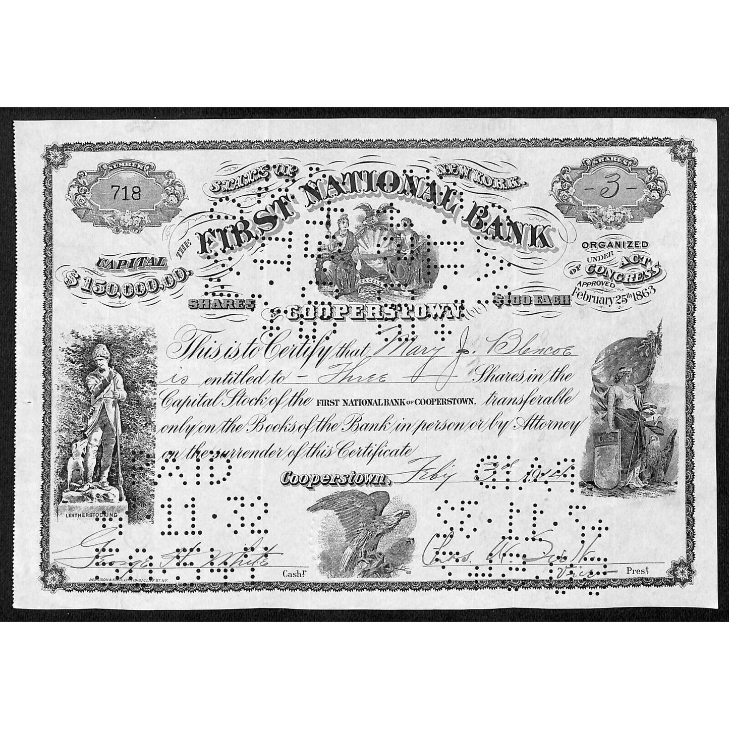 First National Bank of Cooperstown 1914 Stock Certificate to Mary J. Blencoe