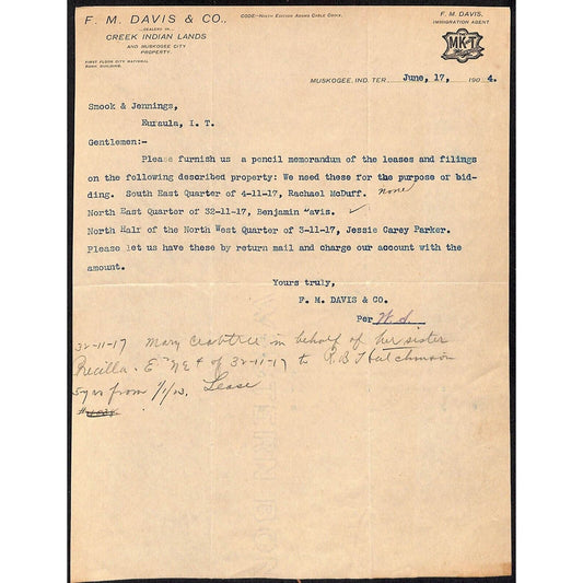 1904 F.M. Davis & Co. "Creek Indian Lands" I.T. Muskogee, OK TLS Letterhead