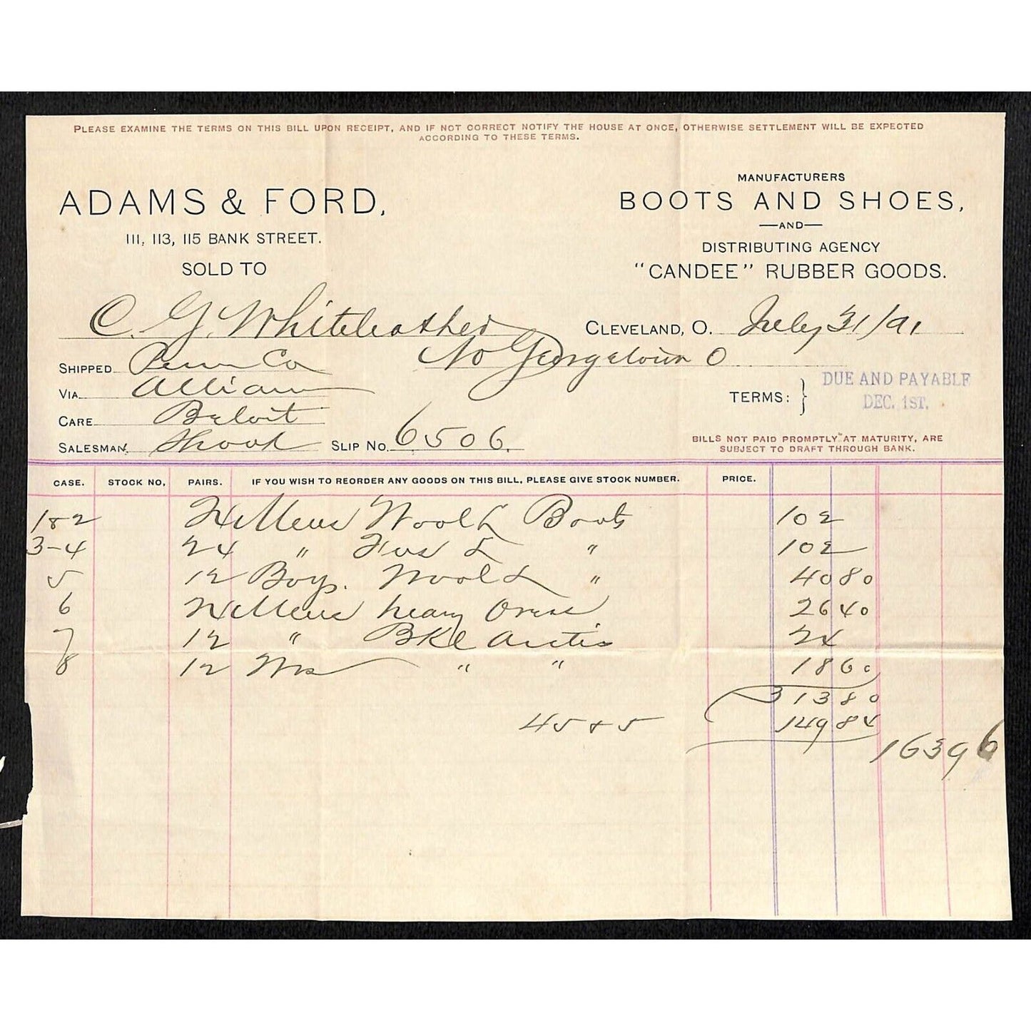 Adams & Ford Cleveland Boots Shoes 1891 Billhead Whiteleather* N. Georgetown OH
