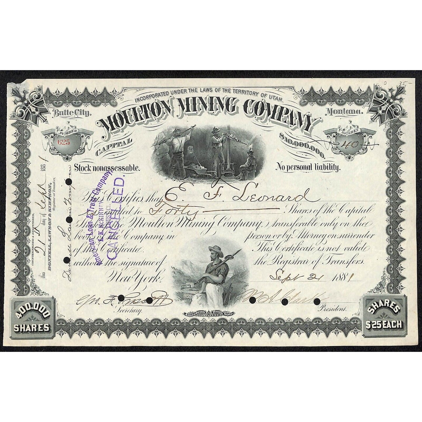 Moulton Mining Company 1881 Stock Certificate Vignettes W.A. Clark Scarce