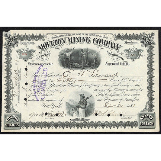 Moulton Mining Company 1881 Stock Certificate Vignettes W.A. Clark Scarce