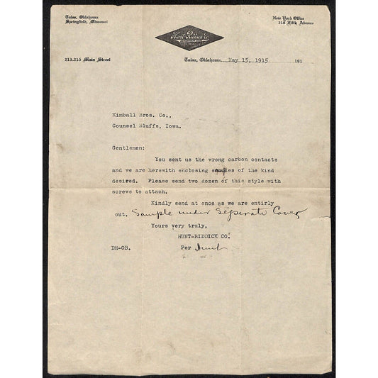 1915 Hunt - Riddick Department Store Tulsa, OK Kimball Elevators TLS Letterhead