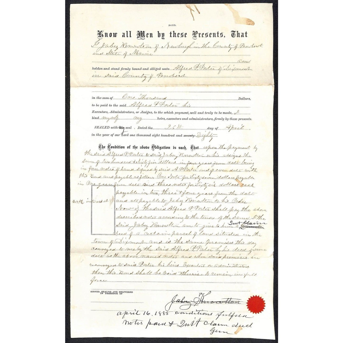 1880 $1,000 Bond Document Jabez Knowlton* & Alfred P. Porter Newburgh, ME