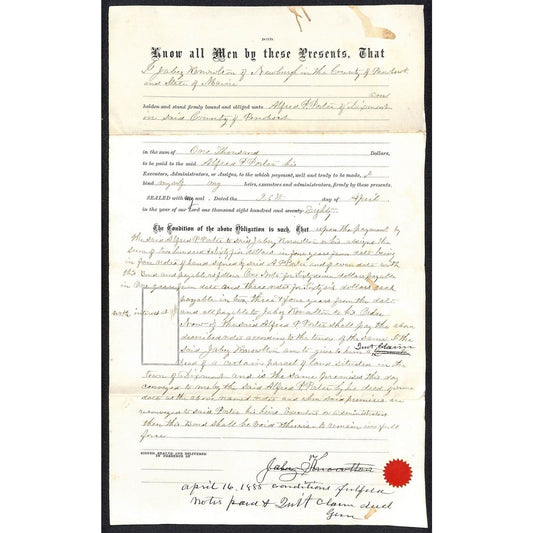 1880 $1,000 Bond Document Jabez Knowlton* & Alfred P. Porter Newburgh, ME