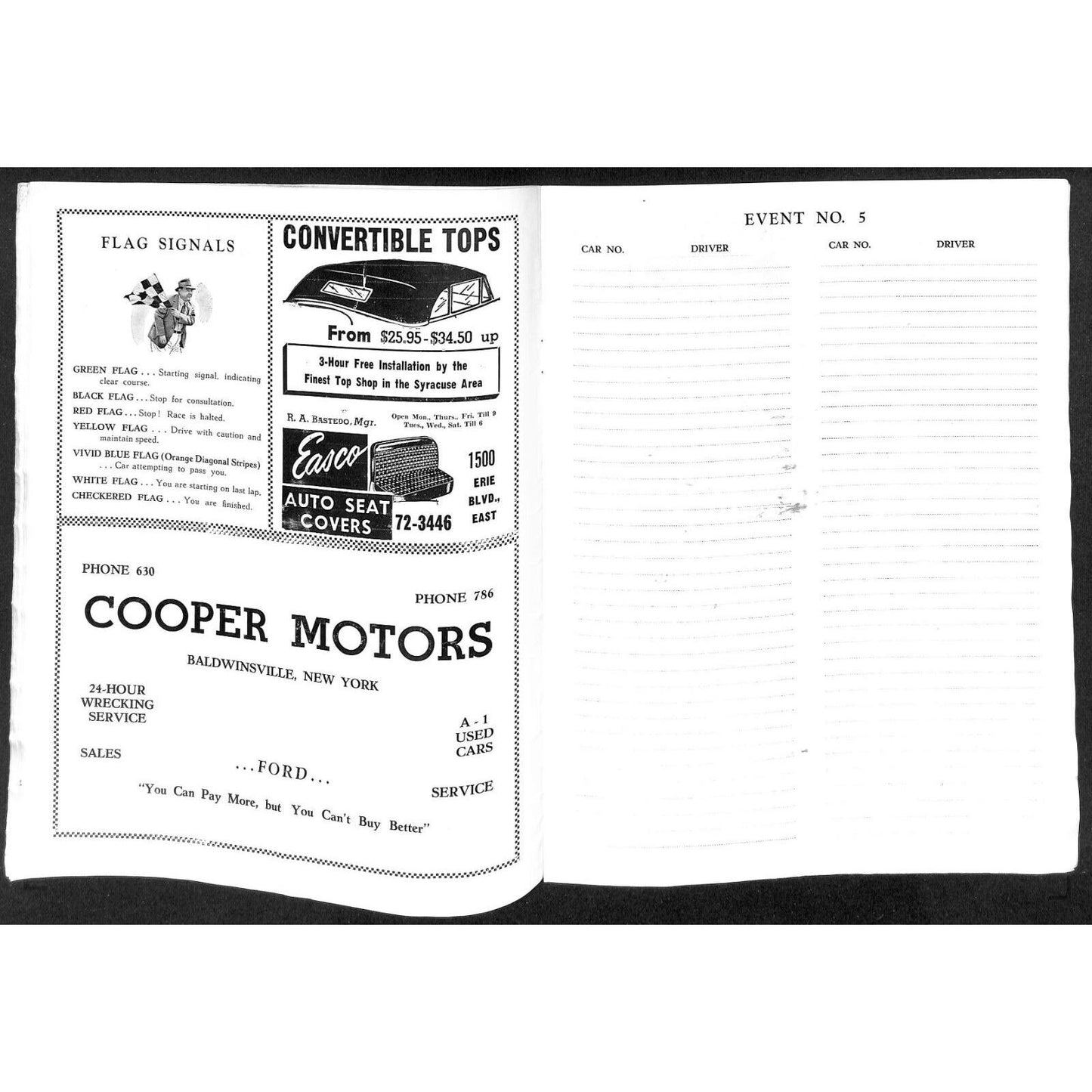 New York State Fair Auto Racing Program Stock Car Sept. 1954 24pp Scarce