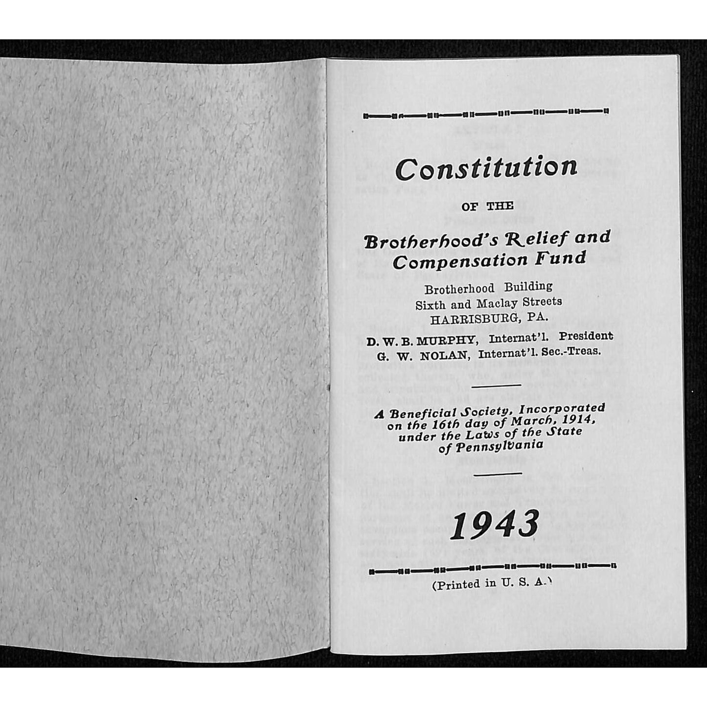 1943 Brotherhood's Relief and Compensation Fund BRCF Railroad Booklet 57pp VGC