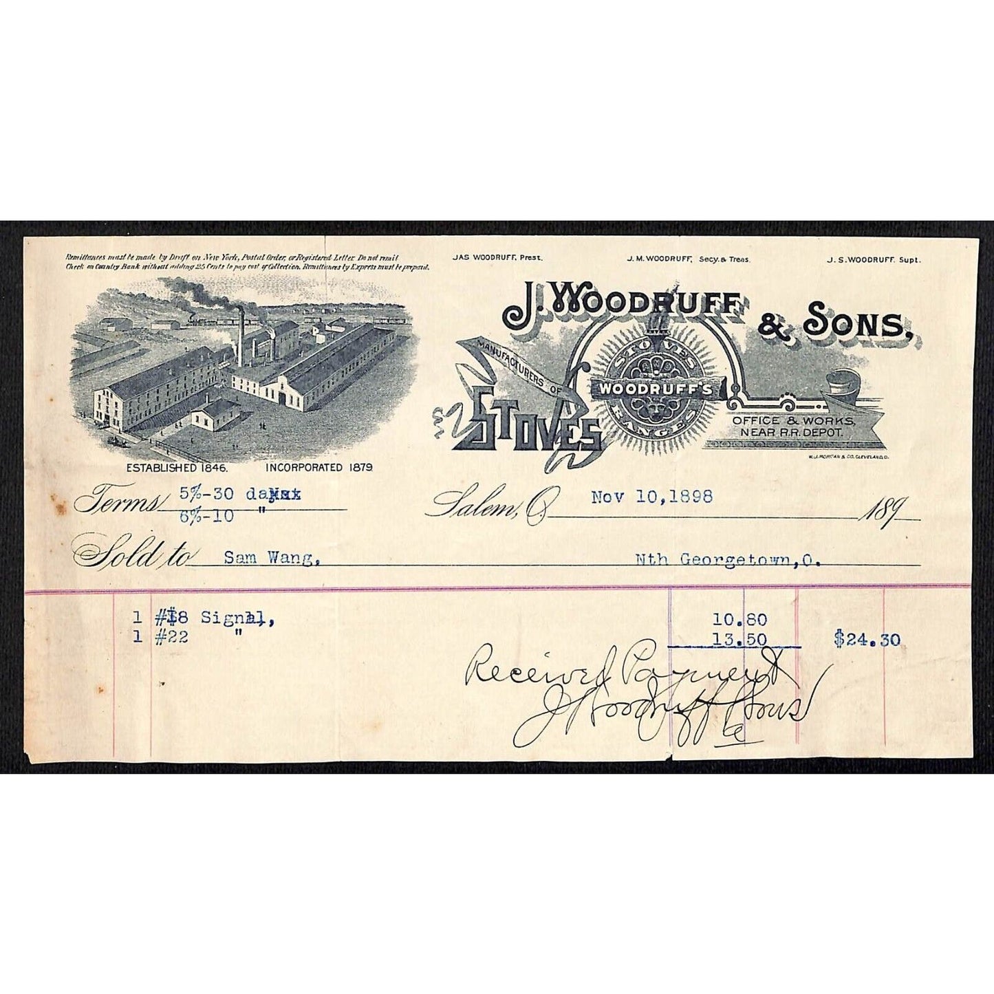 J. Woodruff & Sons Stoves Ranges 1898 Billhead Samuel Wang* N. Georgetown, OH