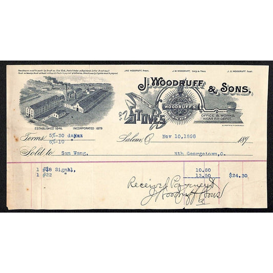 J. Woodruff & Sons Stoves Ranges 1898 Billhead Samuel Wang* N. Georgetown, OH