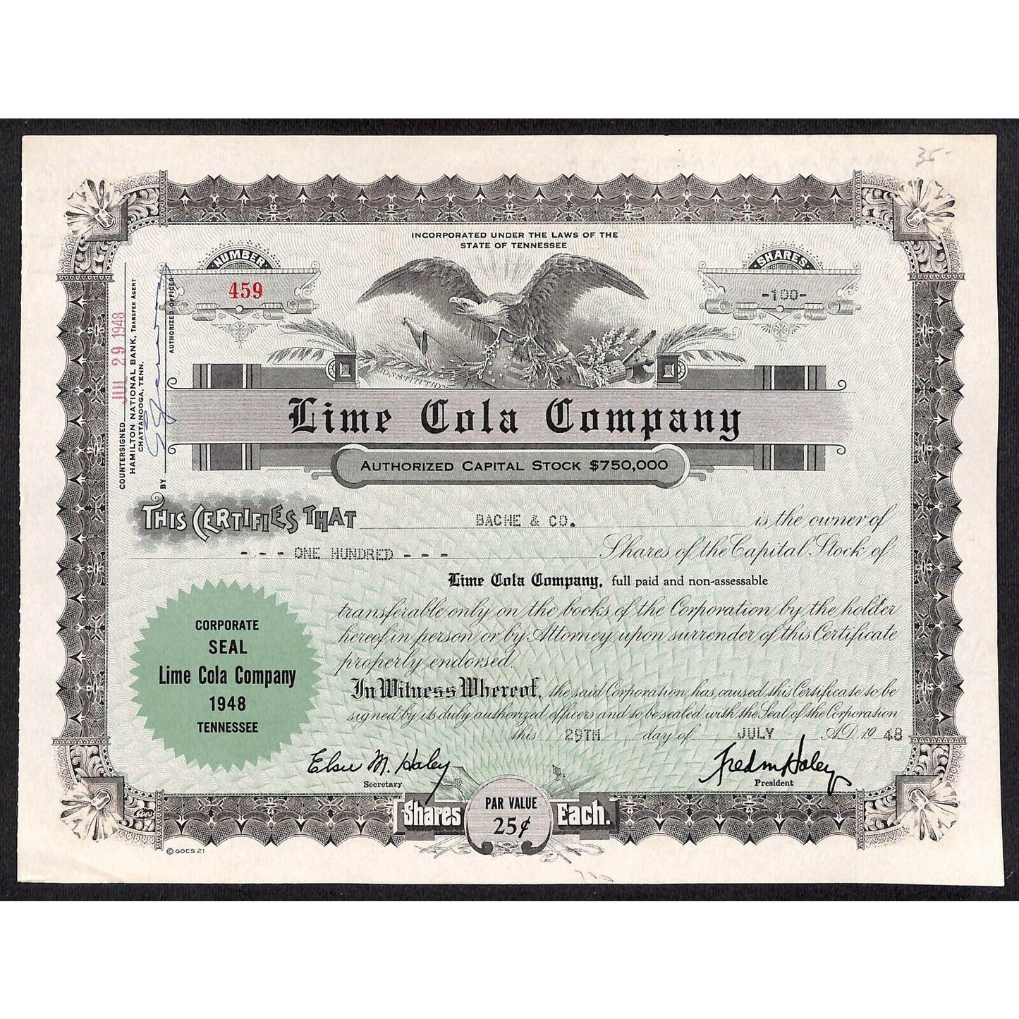 Lime Cola Company (Later, General Beverages, Inc.)* 1948 Stock Certificate