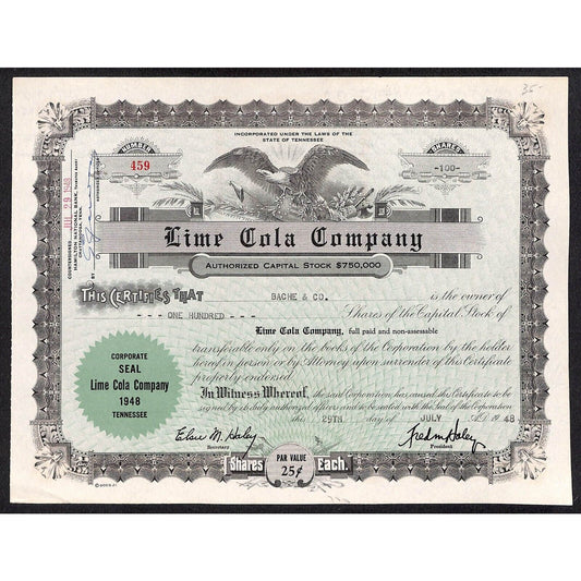 Lime Cola Company (Later, General Beverages, Inc.)* 1948 Stock Certificate