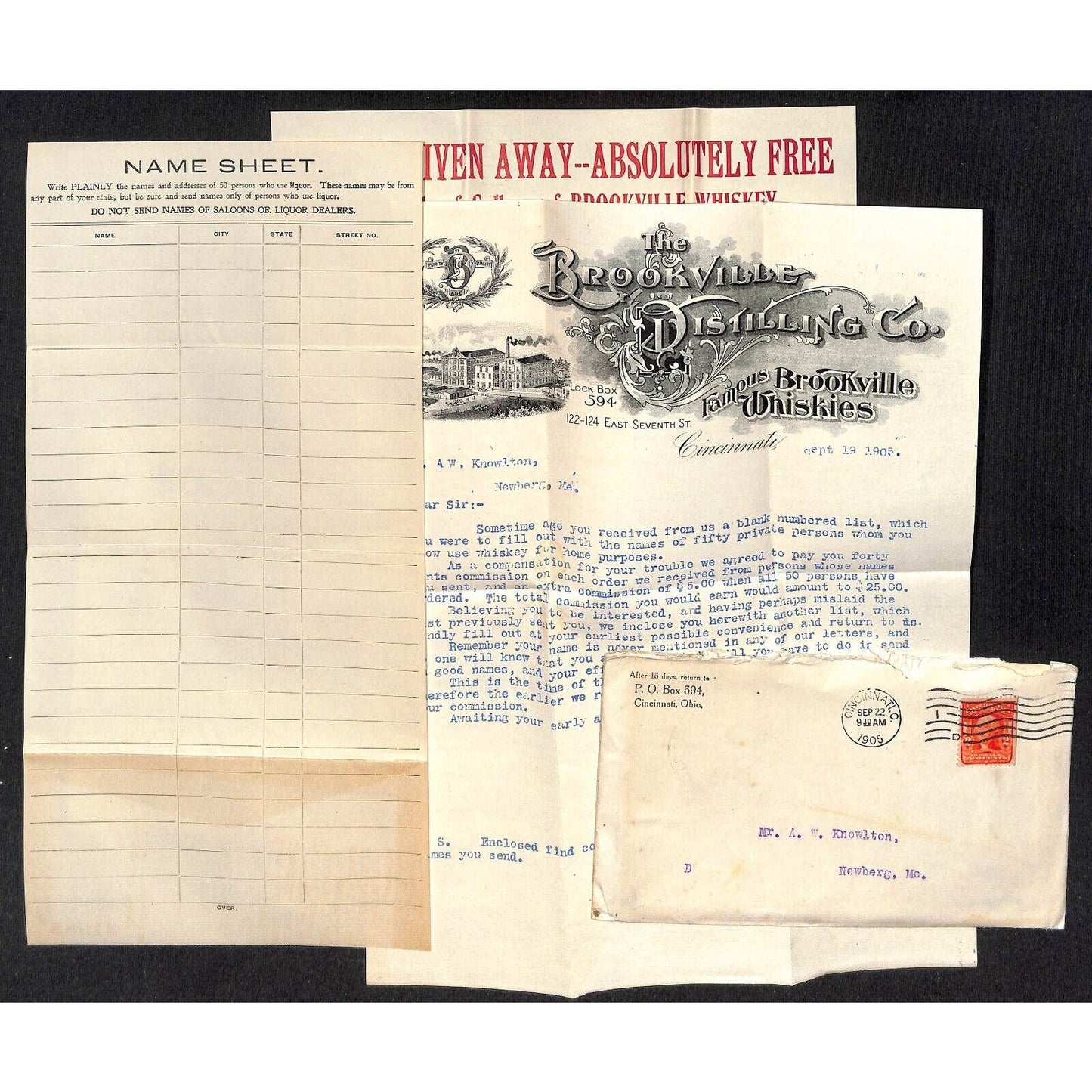 Cincinnati 1905 Brookville Distilling Letterhead & Product Sheets Knowlton*