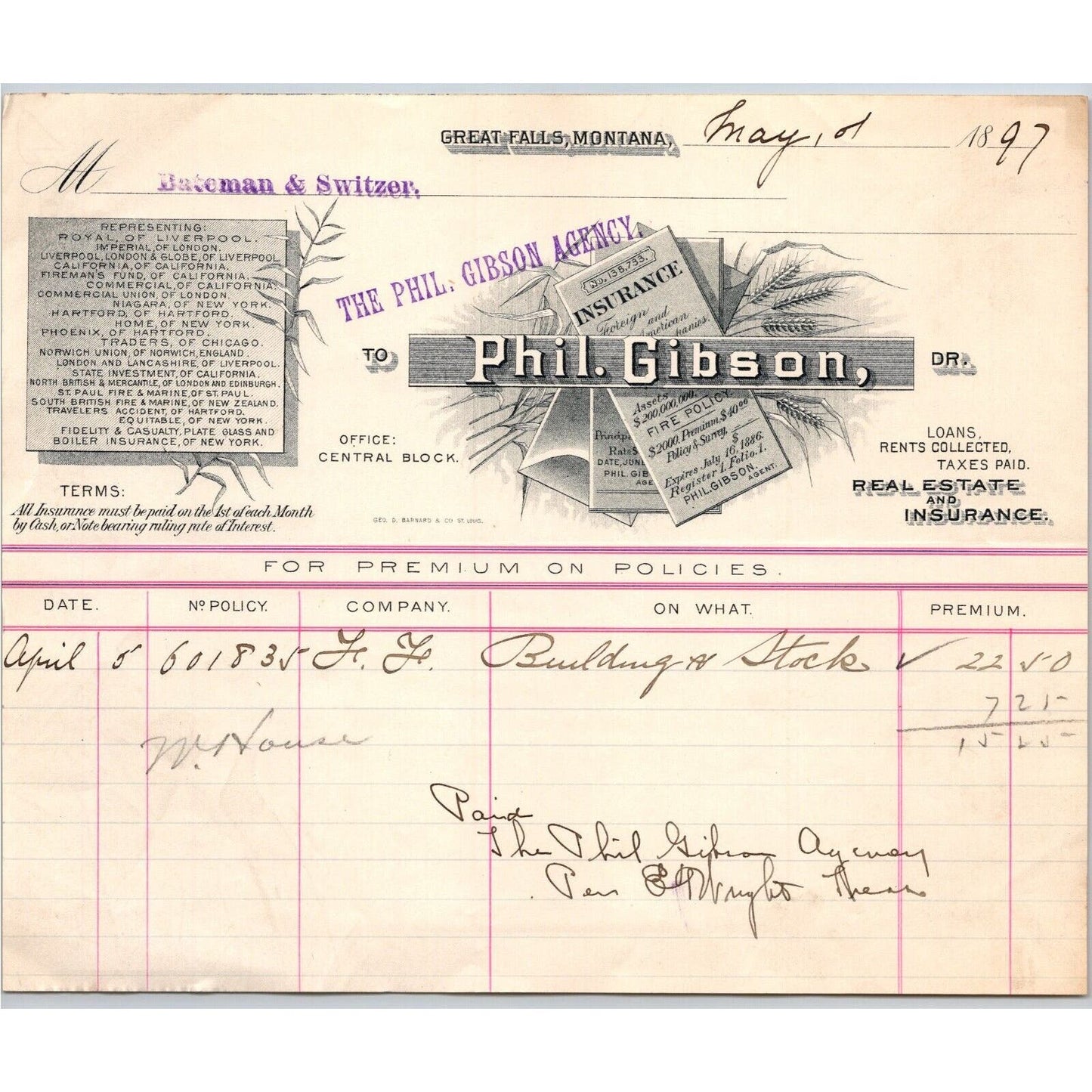 Great Falls, MT Phil Gibson Real Estate & Ins. 1897 Billhead to Bateman Switzer*