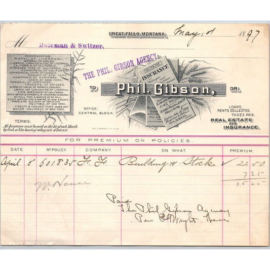 Great Falls, MT Phil Gibson Real Estate & Ins. 1897 Billhead to Bateman Switzer*