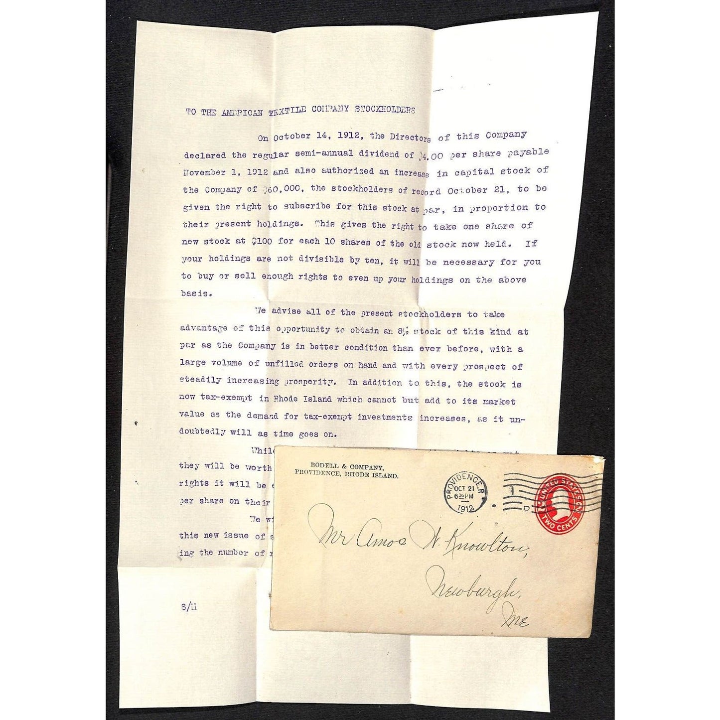 Bodell & Co. 1912 Knowlton* Letterhead re: American Textile Stock w/ Cover