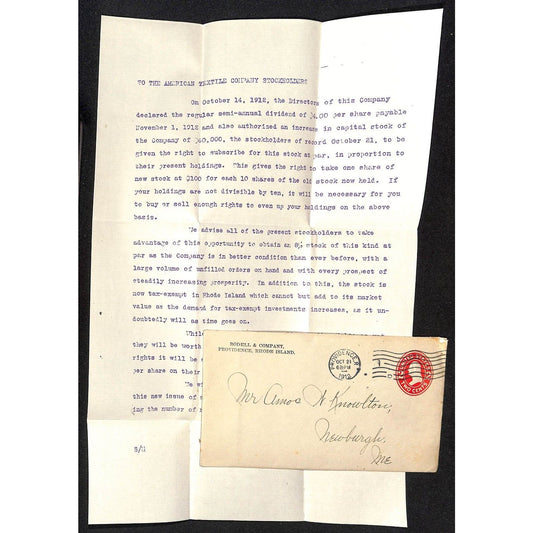 Bodell & Co. 1912 Knowlton* Letterhead re: American Textile Stock w/ Cover