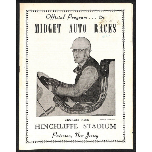Hinchliffe Stadium Midget Auto Races 9/20/1946 Program George Rice 4pp Scarce