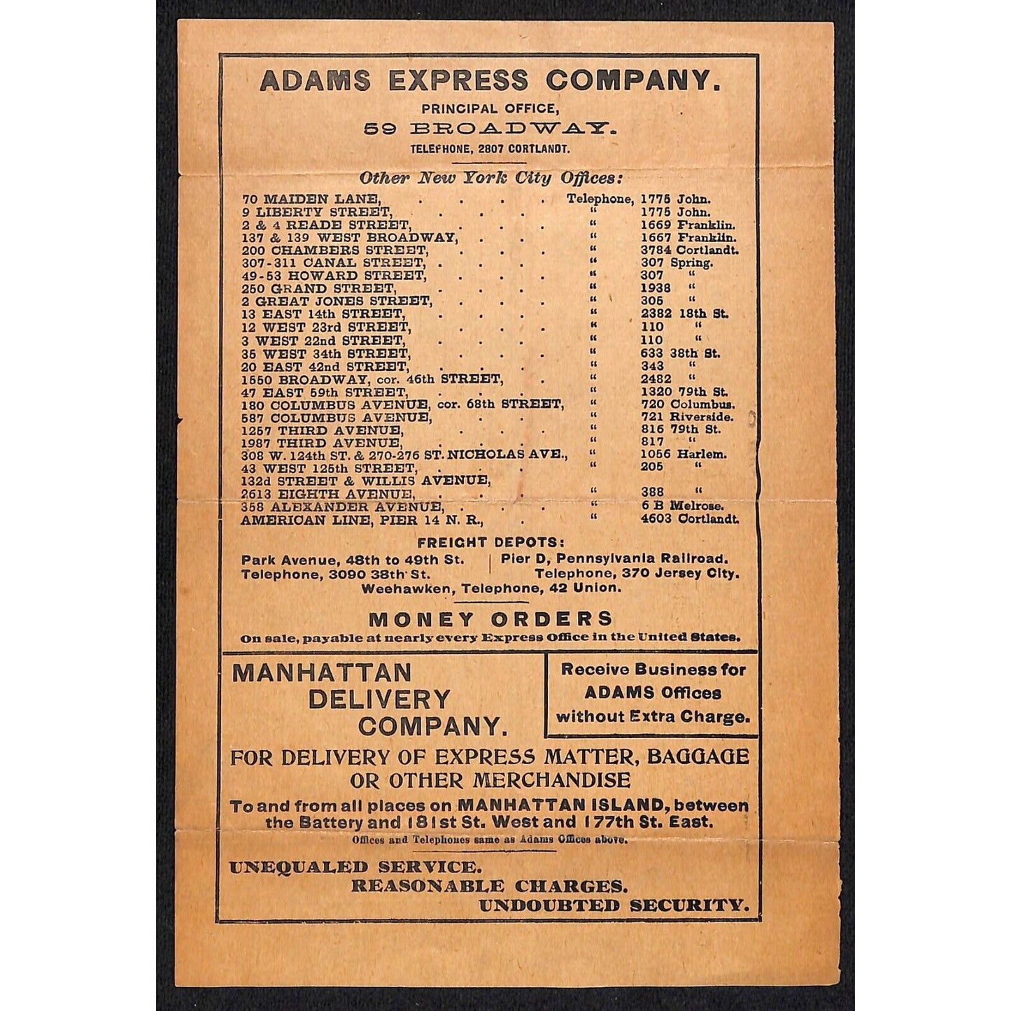 Adams Express Company 1900 Receipt Canal Street w/ Other NYC Locations