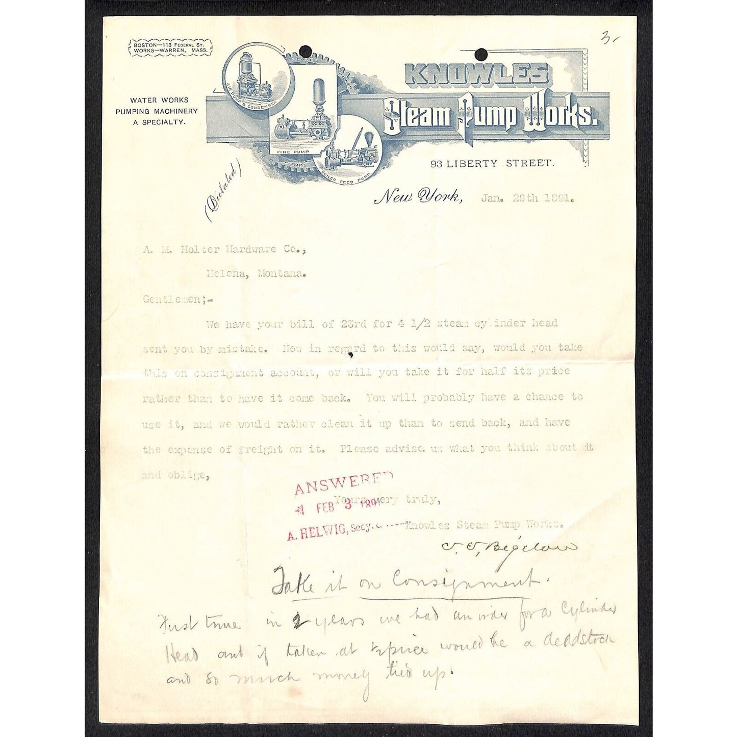 Knowles Steam Pump Works Liberty St. NYC 1891 Air Fire Boiler Pumps Billhead