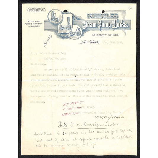Knowles Steam Pump Works Liberty St. NYC 1891 Air Fire Boiler Pumps Billhead