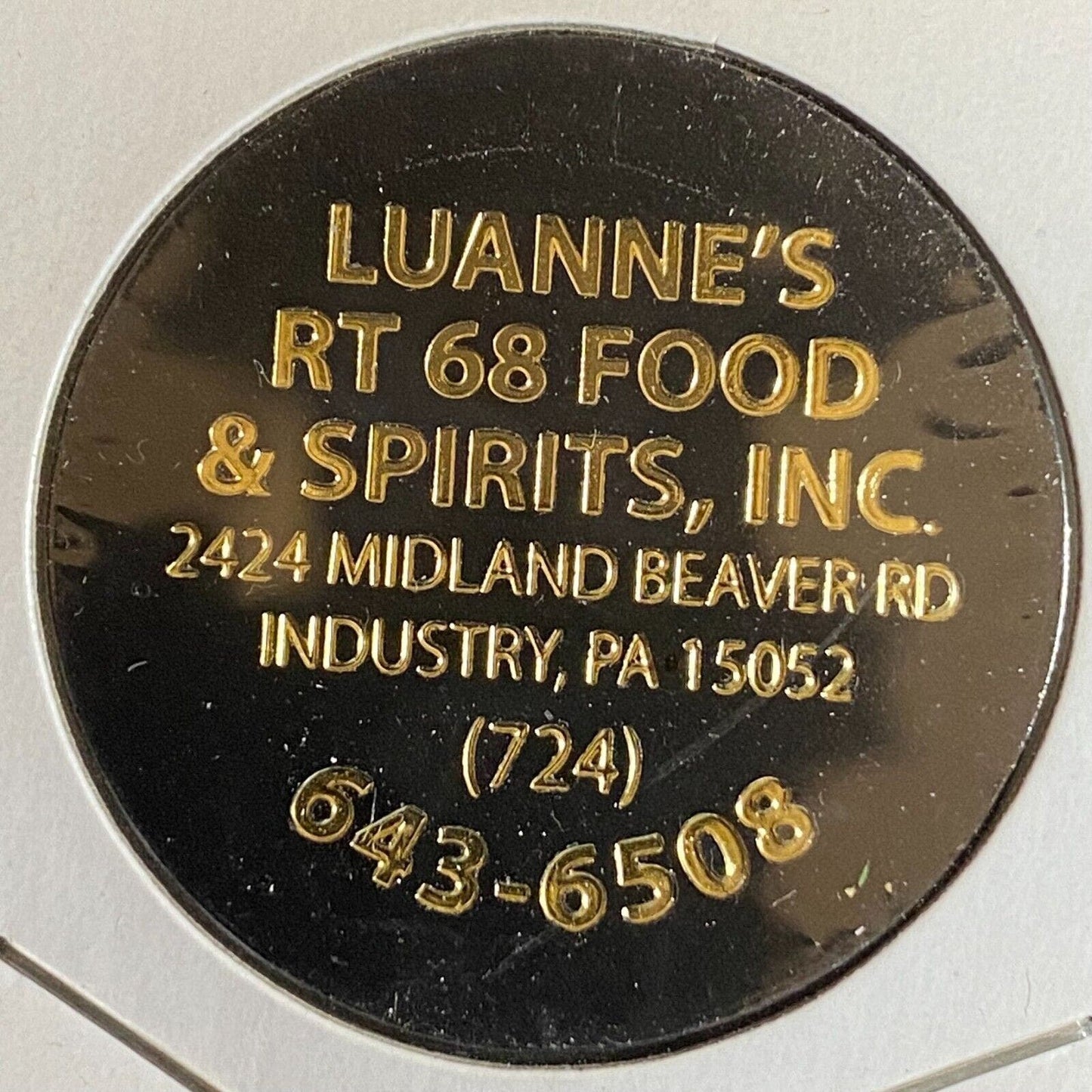 Industry PA Luanne's RT68 Food & Spirits c2010 Plastic "Draft Beer" Token
