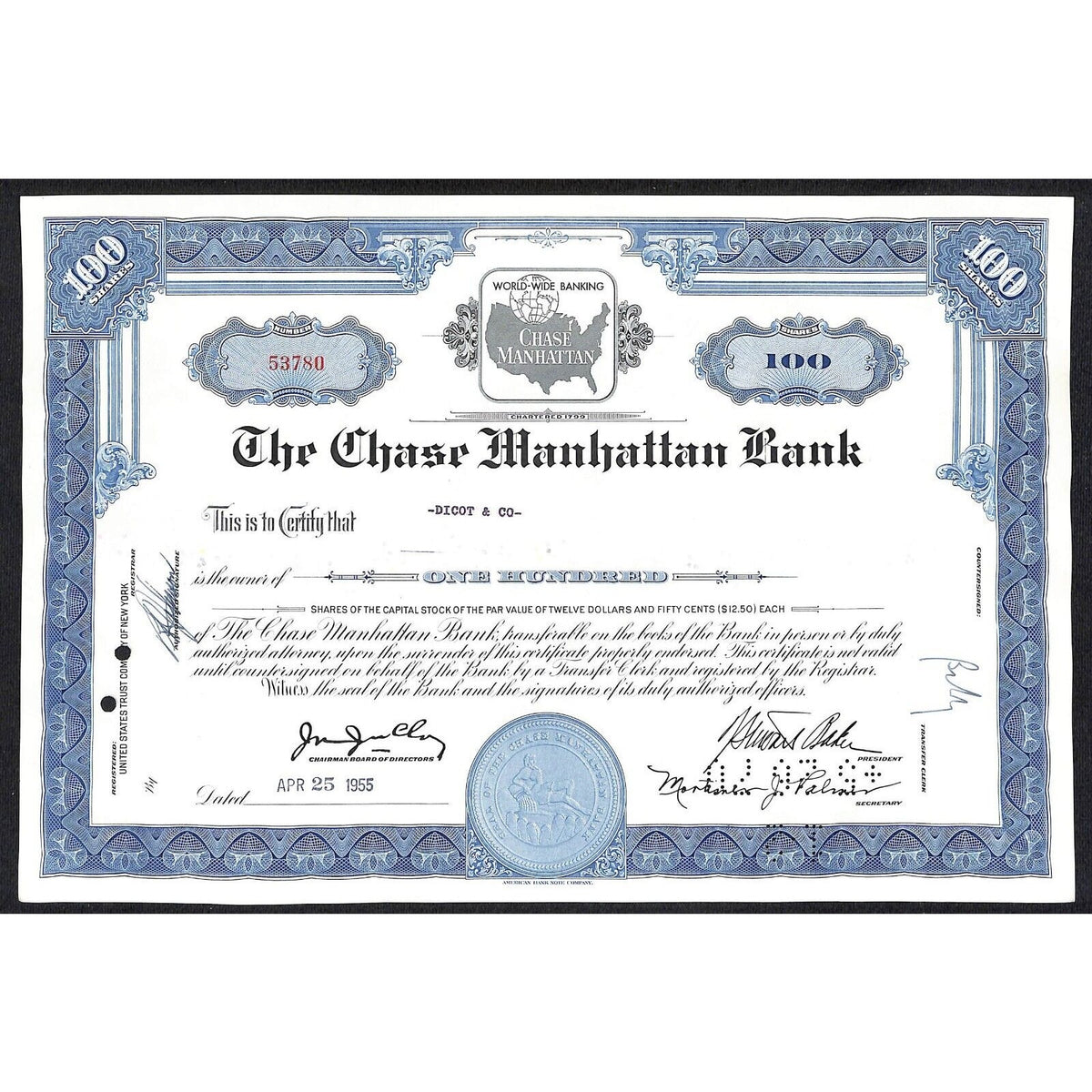 Chase Manhattan Bank 1955 Stock Certificate to: Dicot & Co. - Older logo*
