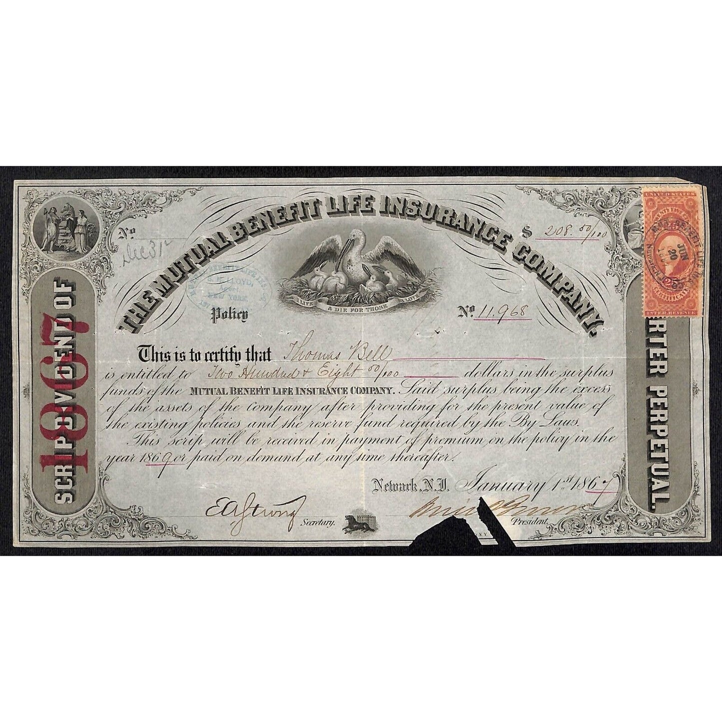 Mutual Benefit Life Insurance Co. 1867 Dividend Certificate to Thomas Bell