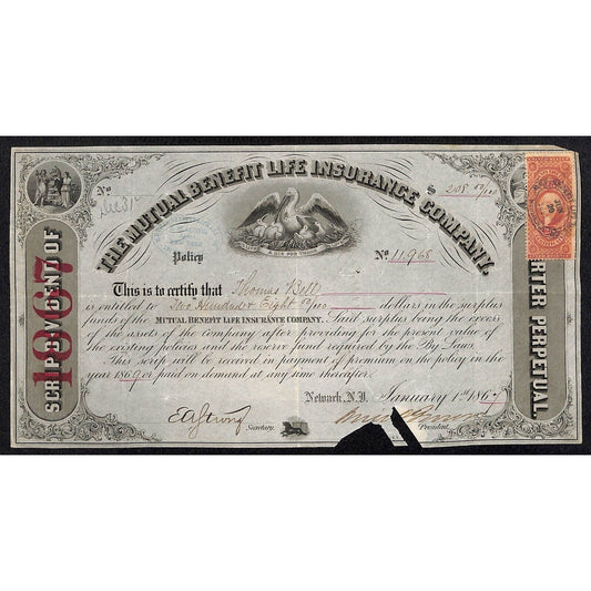 Mutual Benefit Life Insurance Co. 1867 Dividend Certificate to Thomas Bell
