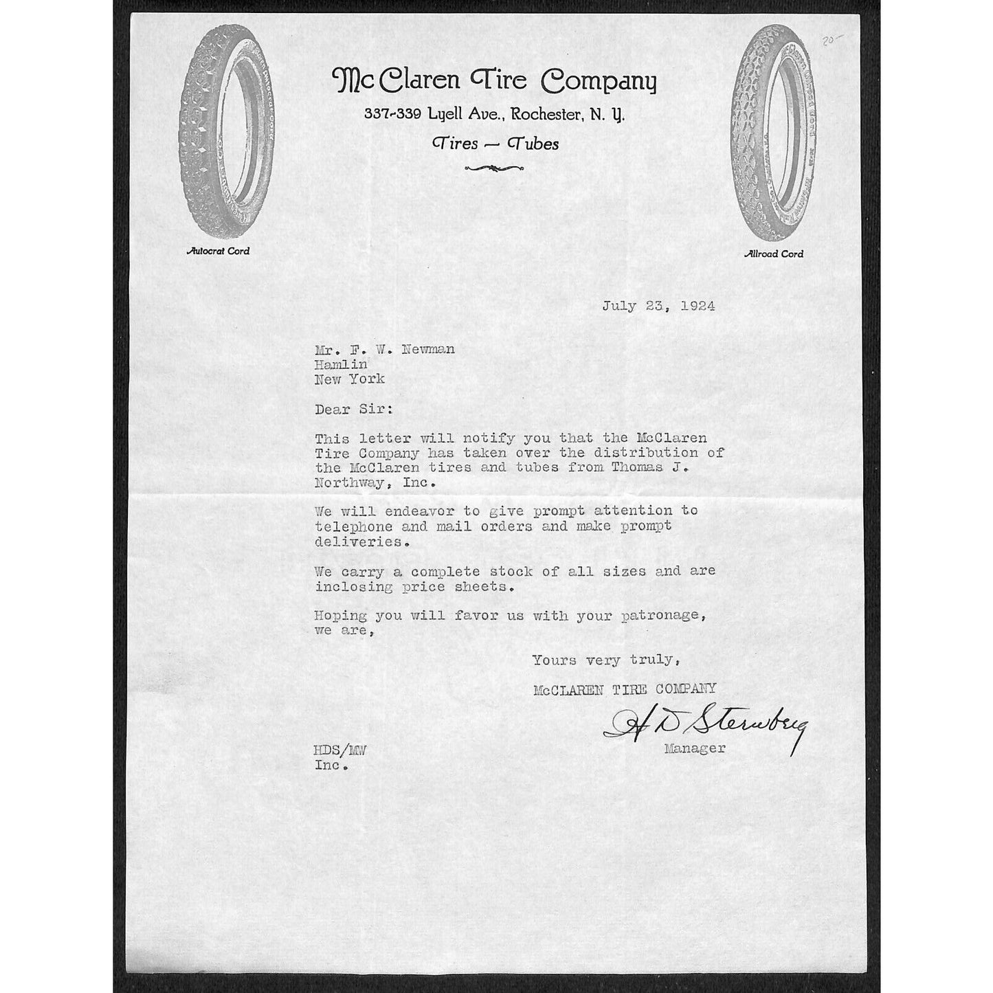 McClaren Tire Co. Lyell Ave. Rochester, NY 1924 Letterhead Tire Vignettes Scarce